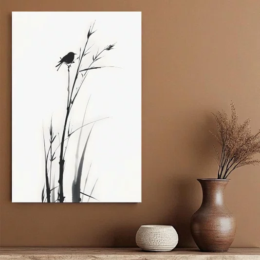 Placa Decorativa Suzume Pintura de Pardal em Meio à Vegetação no Estilo Sumiê