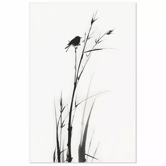 Placa Decorativa Suzume Pintura de Pardal em Meio à Vegetação no Estilo Sumiê