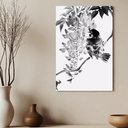 Placa Decorativa Suzume Pintura de Pardal em Meio às Flores no Estilo Sumiê