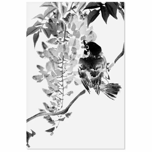 Placa Decorativa Suzume Pintura de Pardal em Meio às Flores no Estilo Sumiê