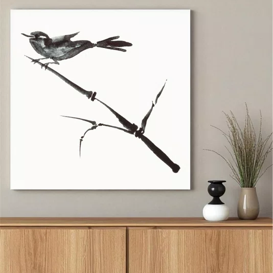 Placa Decorativa Suzume Pintura de Pardal Pousado em galho no Estilo Sumiê
