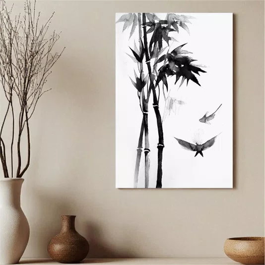 Placa Decorativa Take Pintura de Bambu e Pássaros no Estilo Sumiê
