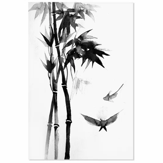 Placa Decorativa Take Pintura de Bambu e Pássaros no Estilo Sumiê