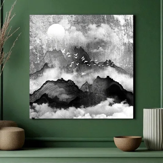 Placa Decorativa Tori Yama Pintura de Montanhas e Pássaros no Estilo Sumiê