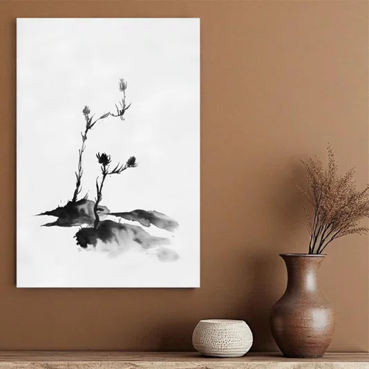 Placa Decorativa Tsubomi Pintura de Botões de Flores no Estilo Sumiê