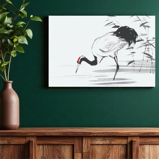 Placa Decorativa Tsuru Pintura de Grou Japonês no Estilo Sumiê