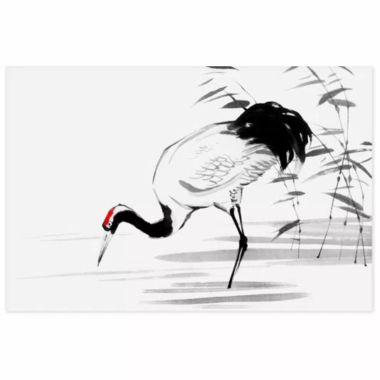 Placa Decorativa Tsuru Pintura de Grou Japonês no Estilo Sumiê