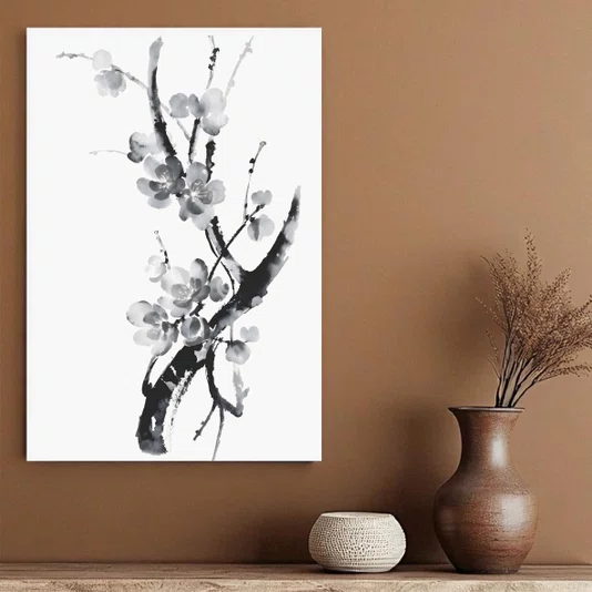 Placa Decorativa Ume Pintura de Amexeira no Estilo Sumiê