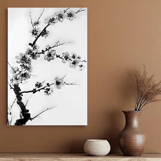 Placa Decorativa Ume Pintura de Galhos de Amexeira no Estilo Sumiê