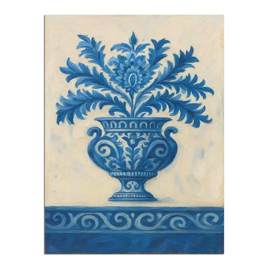 Placa Decorativa Vaso Ornamental em Azul e Branco: Estampa de Acanto e Arabescos Estilo Delft ou Chinesaria