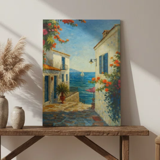Placa Decorativa Viela Grega ao Mar Azul: Buganvílias e Sol Mediterrâneo