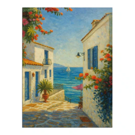 Placa Decorativa Viela Grega ao Mar Azul: Buganvílias e Sol Mediterrâneo
