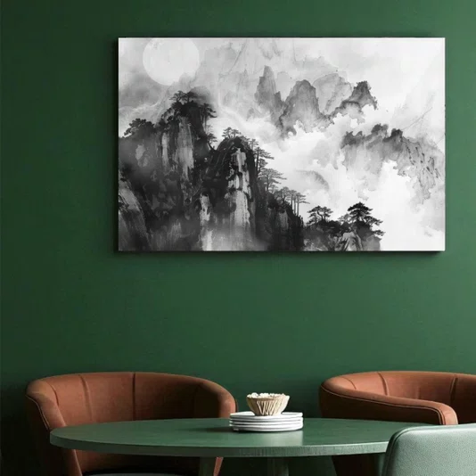 Placa Decorativa Yama Pintura de Montanha no Estilo Sumiê