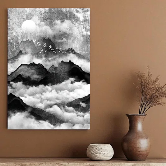 Placa Decorativa Yama Tori Pintura de Montanhas e Pássaros no Estilo Sumiê