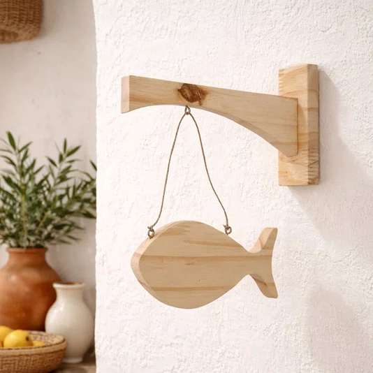 Placa Mão Francesa Decorativa Peixe em Madeira Pinus Estilo Náutico e Base para Artesanato