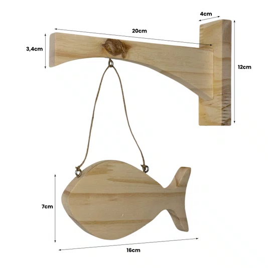 Placa Mão Francesa Decorativa Peixe em Madeira Pinus Estilo Náutico e Base para Artesanato