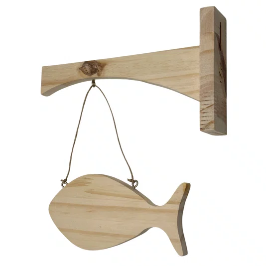 Placa Mão Francesa Decorativa Peixe em Madeira Pinus Estilo Náutico e Base para Artesanato