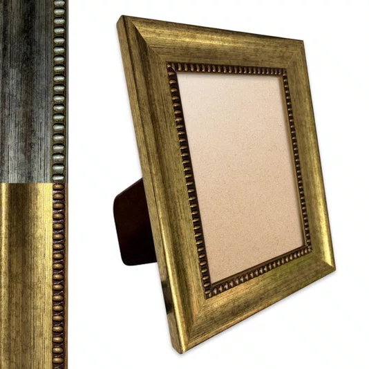 Porta Retrato Com Moldura Chanfrada Com Padrão Oval Gravado Efeito Aço Metal Escovado Com Suporte E Frente Em PVC Antirreflexo - 4,6x2,1