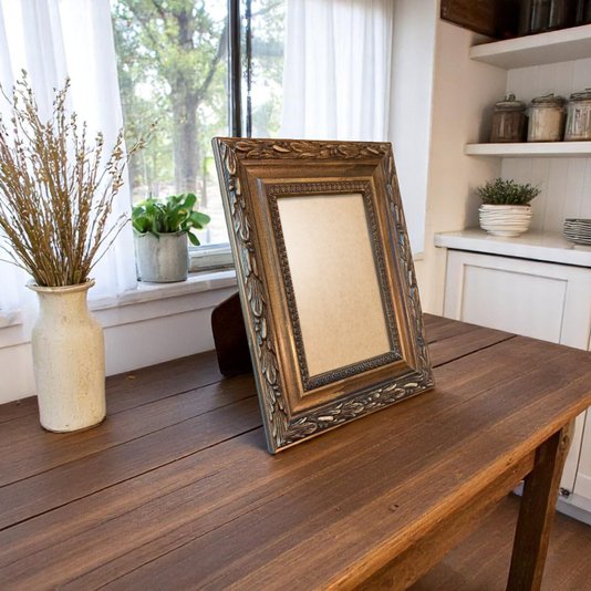 Porta Retrato Com Moldura De Gravação De Folhagens Com Suporte E Frente Em PVC Antirreflexo- 4,5x2