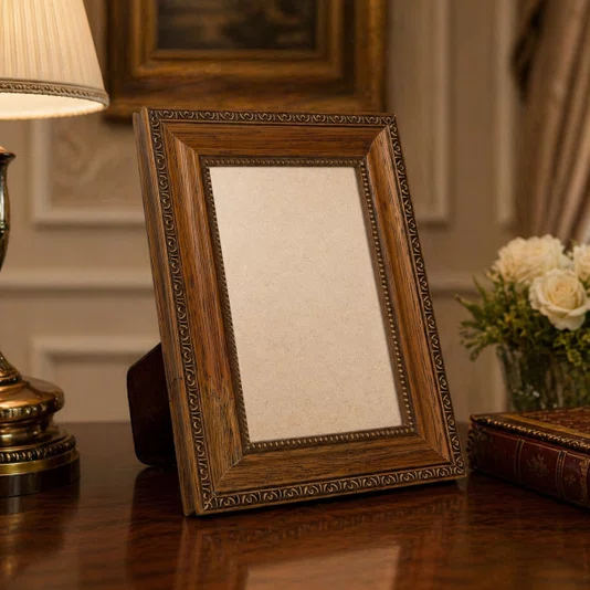 Porta Retrato Com Moldura de Madeira Clássica com Detalhes Gravados Com Suporte E Frente Em PVC Antirreflexo - 3,2x1,5
