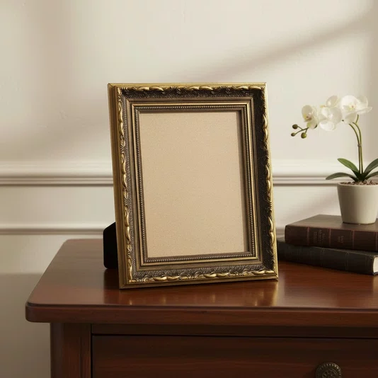 Porta Retrato de Moldura Dourada com Gravação e PVC Mais Fundo com Suporte - 4x2,5