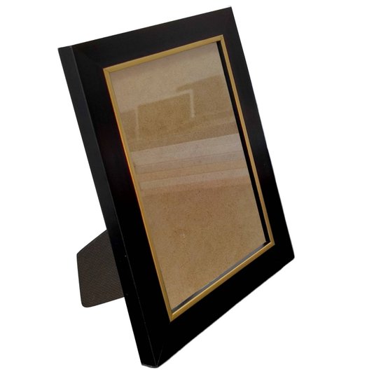 Porta Retrato de Moldura Laqueada Gesso com Filete Dourado e Vidro Mais Fundo com Suporte - 3x1,5