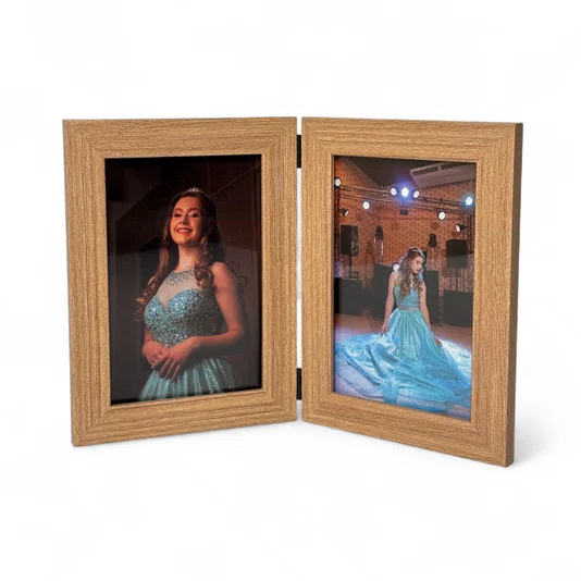 Porta-Retrato Duplo Articulado com Moldura Lisa Revestida Com Fundo em MDF e Frente em Vidro - 2x1