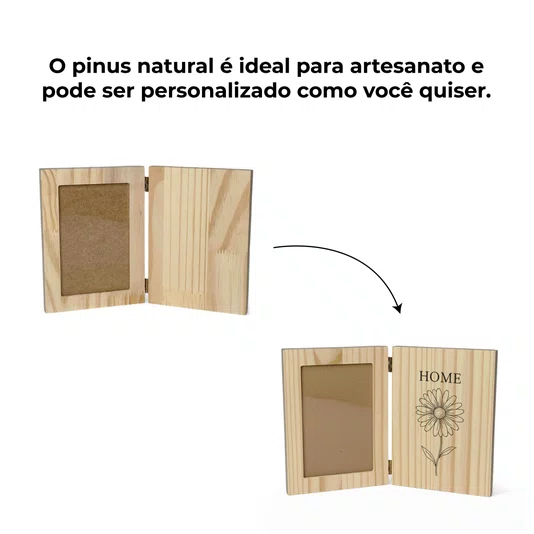 Porta-Retrato Sanfonado Dobrável em Madeira Pinus com Vidro – Com Espaço Personalizável