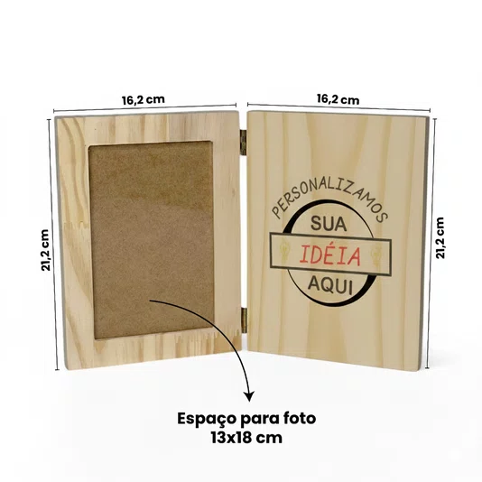 Porta-Retrato Sanfonado Personalizado Dobrável em Madeira Pinus com Acetato com Gravação a Laser ou Impressão UV