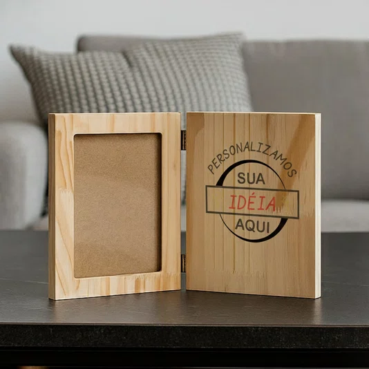 Porta-Retrato Sanfonado Personalizado Dobrável em Madeira Pinus com Acetato com Gravação a Laser ou Impressão UV