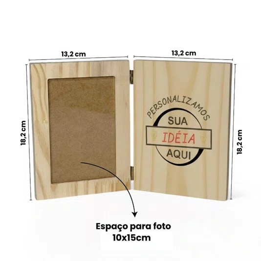 Porta-Retrato Sanfonado Personalizado Dobrável em Madeira Pinus com Acetato com Gravação a Laser ou Impressão UV