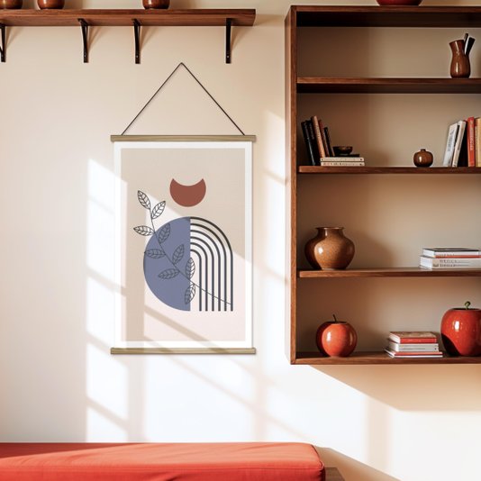 Quadro de Cabide Poster Hanger em Tecido Canvas Folhas e Formas Abstratas