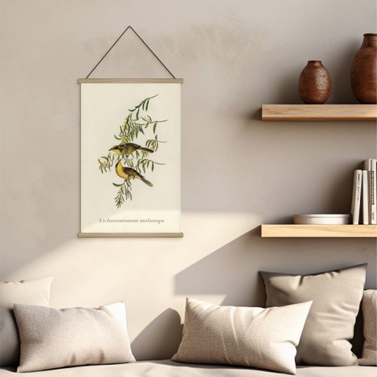 Quadro de Cabide Poster Hanger em Tecido Canvas Passarinhos Amarelos nos Galhos