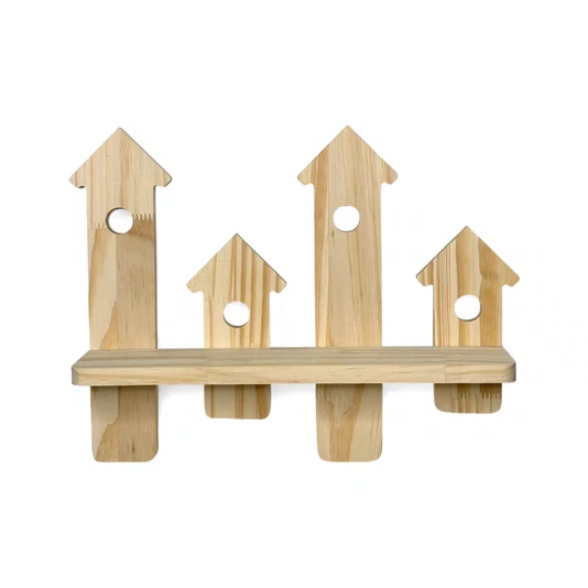 Prateleira de Parede com Casinhas de Passarinhos em Madeira Pinus – Ideal para Artesanato DIY, Decoração de Casa e Jardim