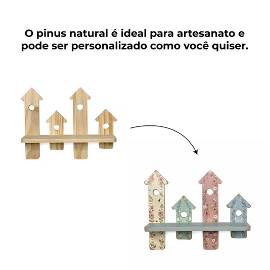 Prateleira de Parede com Casinhas de Passarinhos em Madeira Pinus – Ideal para Artesanato DIY, Decoração de Casa e Jardim