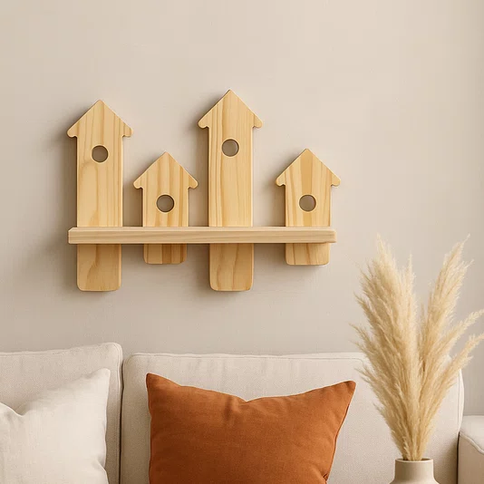 Prateleira de Parede com Casinhas de Passarinhos em Madeira Pinus – Ideal para Artesanato DIY, Decoração de Casa e Jardim