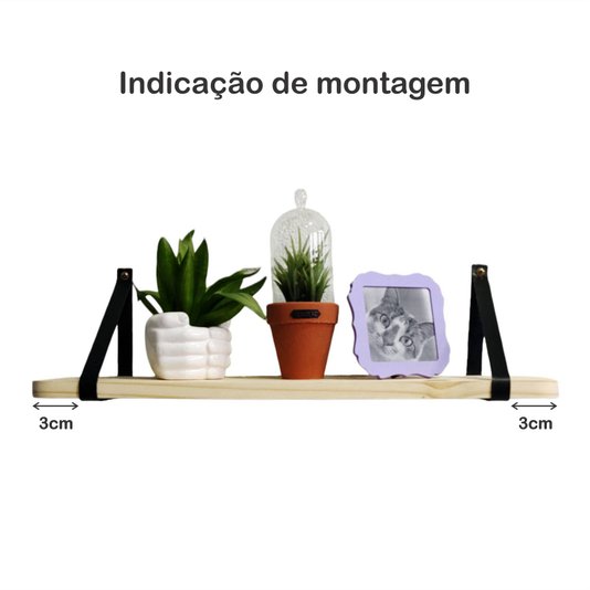 Prateleira de Madeira de Parede Suspensa com Alça em Couro Sintético - 20cm - Farmhouse