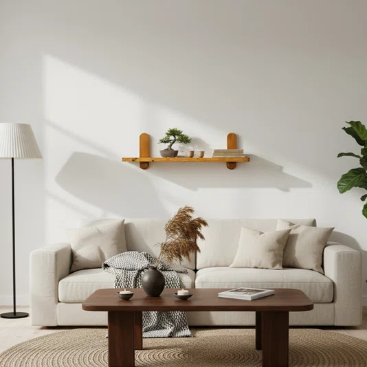Prateleira Minimalista em Madeira Pinus com Suporte de Pinos Decoração Japandi