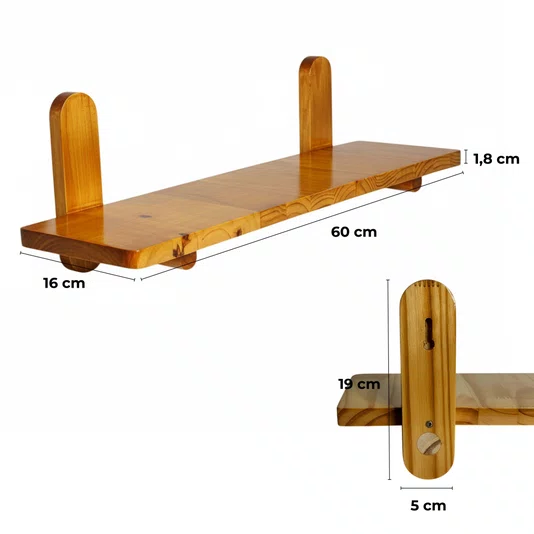Prateleira Minimalista em Madeira Pinus com Suporte de Pinos Decoração Japandi