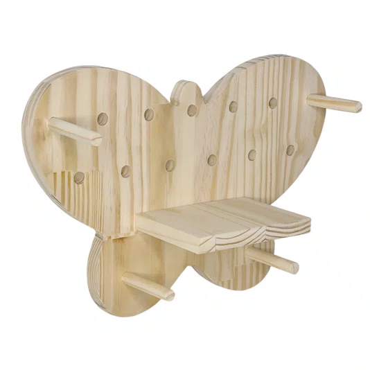 Prateleira Pegboard Borboleta Em Madeira Pinus 6 Pinos e 1 Prateleira 13,5cm
