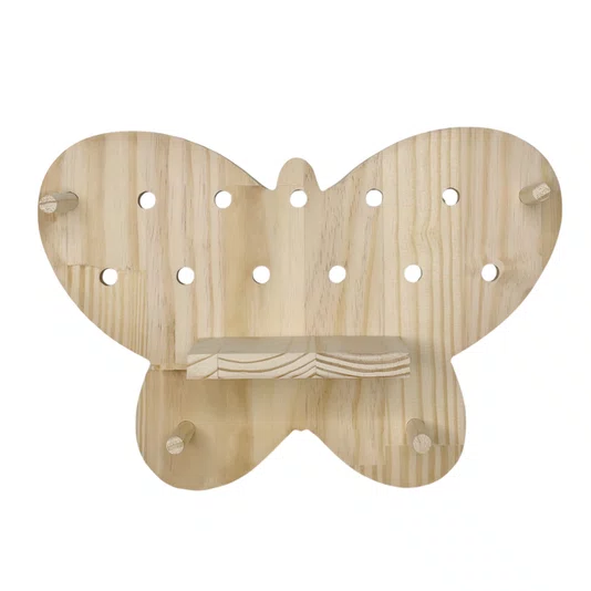Prateleira Pegboard Borboleta Em Madeira Pinus 6 Pinos e 1 Prateleira 13,5cm