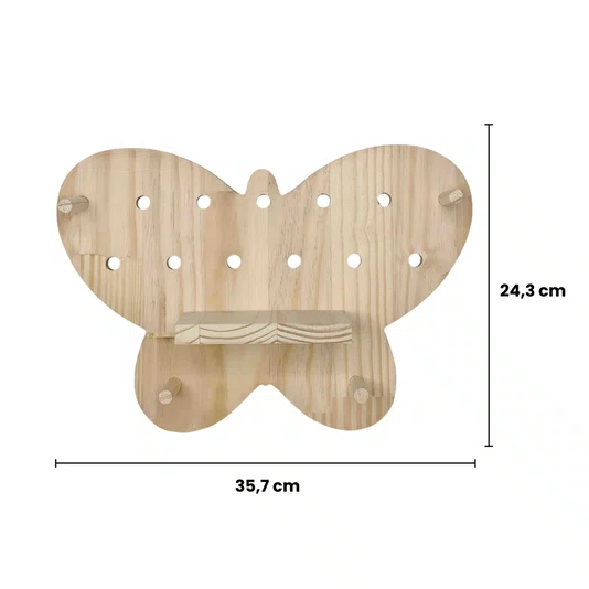 Prateleira Pegboard Borboleta Em Madeira Pinus 6 Pinos e 1 Prateleira 13,5cm