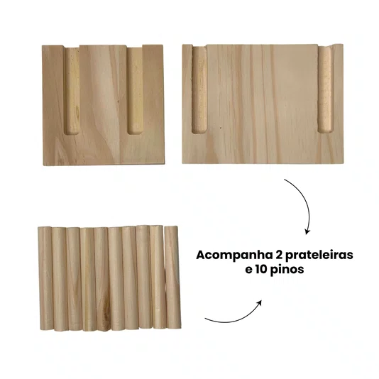 Prateleira Pegboard Budha com 10 Pinos, 1 Prateleira 13,5cm, 1 Prateleira 10cm Em Madeira Pinus