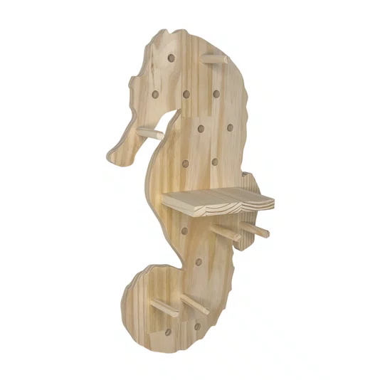 Prateleira Pegboard Cavalo Marinho Em Madeira Pinus com 8 Pinos e 1 Prateleira 13,5cm