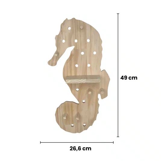 Prateleira Pegboard Cavalo Marinho Em Madeira Pinus com 8 Pinos e 1 Prateleira 13,5cm