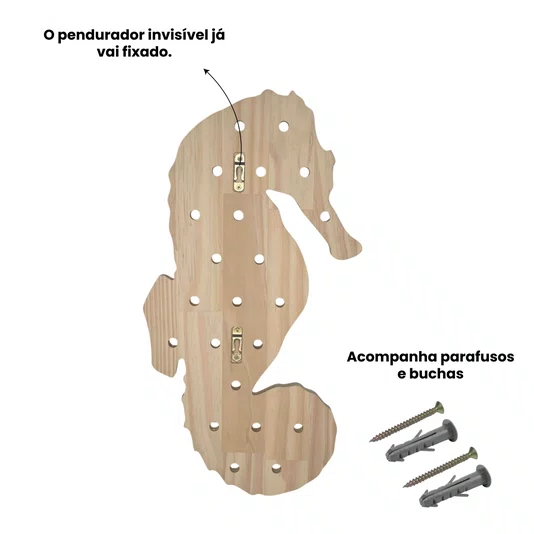 Prateleira Pegboard Cavalo Marinho Em Madeira Pinus com 8 Pinos e 1 Prateleira 13,5cm
