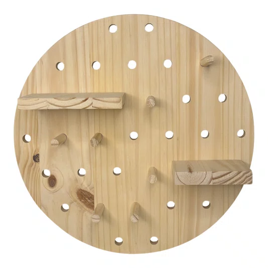 Prateleira Pegboard Circulo Em Madeira Pinus 35cm com 11 Pinos, 1 Prateleira 13,5cm e 1 Prateleira 10cm