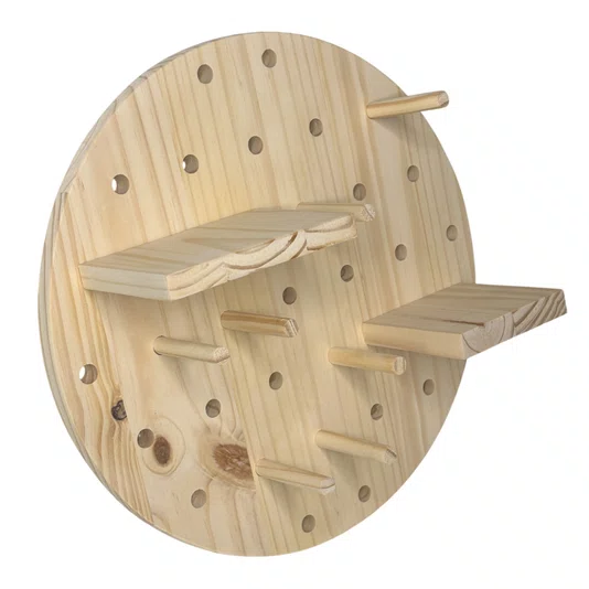 Prateleira Pegboard Circulo Em Madeira Pinus 35cm com 11 Pinos, 1 Prateleira 13,5cm e 1 Prateleira 10cm