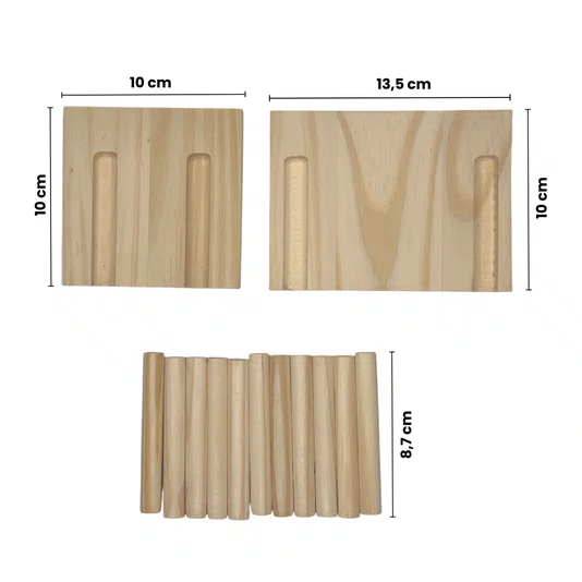 Prateleira Pegboard Circulo Em Madeira Pinus 35cm com 11 Pinos, 1 Prateleira 13,5cm e 1 Prateleira 10cm