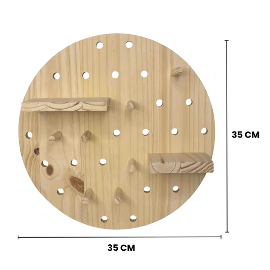 Prateleira Pegboard Circulo Em Madeira Pinus 35cm com 11 Pinos, 1 Prateleira 13,5cm e 1 Prateleira 10cm
